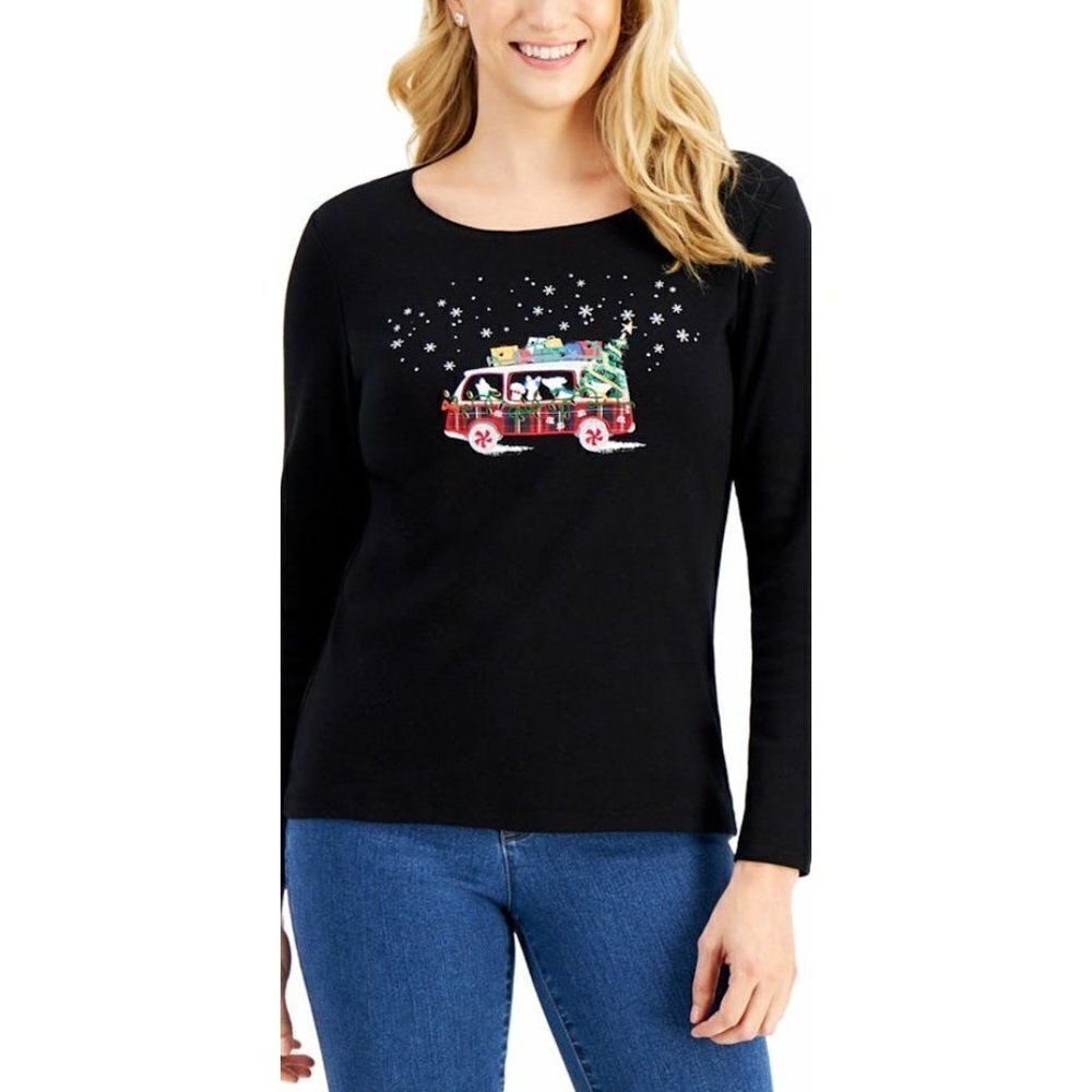 Karen Scott Cotton Shirt Top Women's MEDIUM Black Graphic DOGS Seasonal Theme